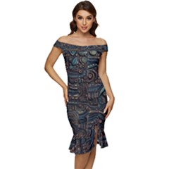 Abstract Wallpaper Artwork Pattern Texture Off Shoulder Ruffle Split Hem Bodycon Dress