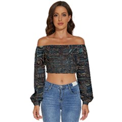 Abstract Wallpaper Artwork Pattern Texture Long Sleeve Crinkled Weave Crop Top