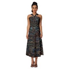 Abstract Wallpaper Artwork Pattern Texture Sleeveless Cross Front Cocktail Midi Chiffon Dress