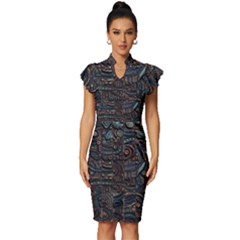 Abstract Wallpaper Artwork Pattern Texture Vintage Frill Sleeve V-neck Bodycon Dress