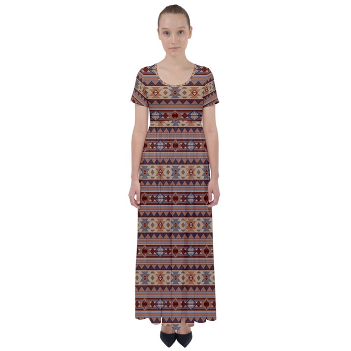 Southwest-pattern-tan-large High Waist Short Sleeve Maxi Dress