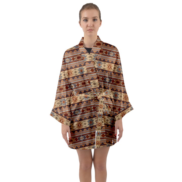 Southwest-pattern-tan-large Long Sleeve Satin Kimono