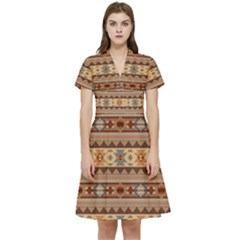 Southwest-pattern-tan-large Short Sleeve Waist Detail Dress