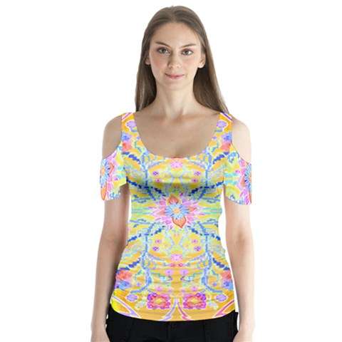 Mandala T- Shirt Block Lotus T- Shirt Butterfly Sleeve Cutout Tee  by maxcute