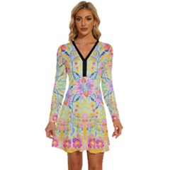 Mandala T- Shirt Block Lotus T- Shirt Long Sleeve Deep V Mini Dress 