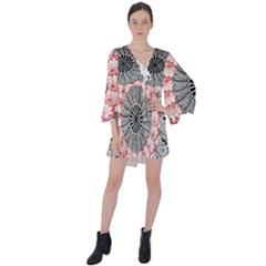 Mandala T- Shirt Sprinkled Mandala T- Shirt V-neck Flare Sleeve Mini Dress by maxcute