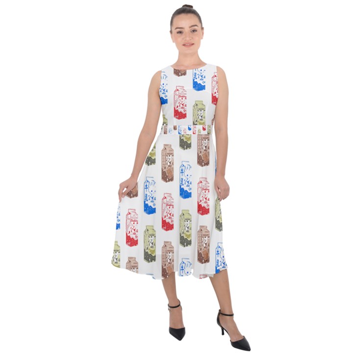 Milk T- Shirt Flavoured Milk Pattern T- Shirt Midi Tie-Back Chiffon Dress