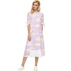 Nature Pattern T- Shirt Minimalist Leaf Line Art Illustration As A Seamless Surface Pattern Design ( Bow Sleeve Chiffon Midi Dress