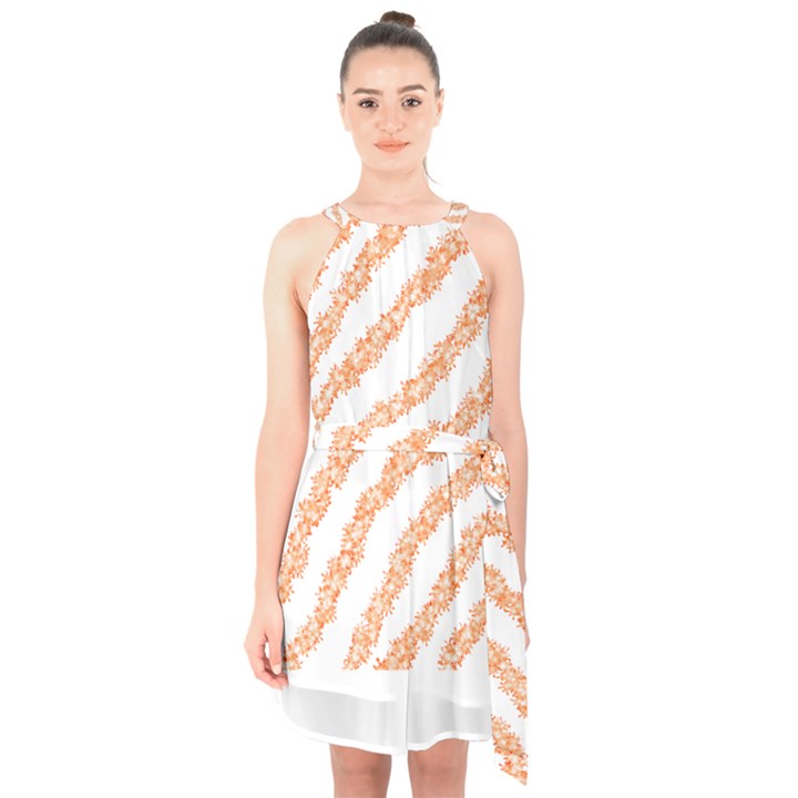 Orange Sparkle Glitter Art Lines T- Shirt Orange Sparkle Glitter Lines Art T- Shirt Halter Collar Waist Tie Chiffon Dress