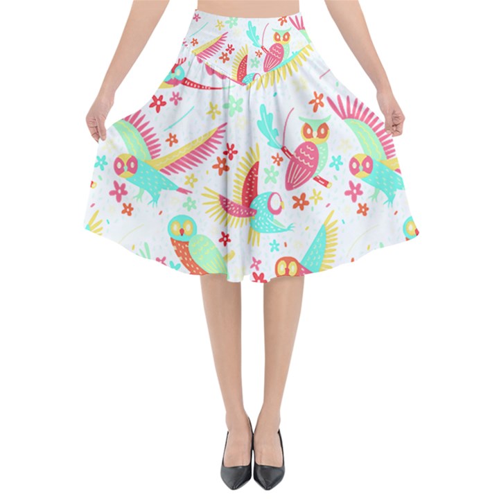 Owl T- Shirt Owl Pattern T- Shirt Flared Midi Skirt