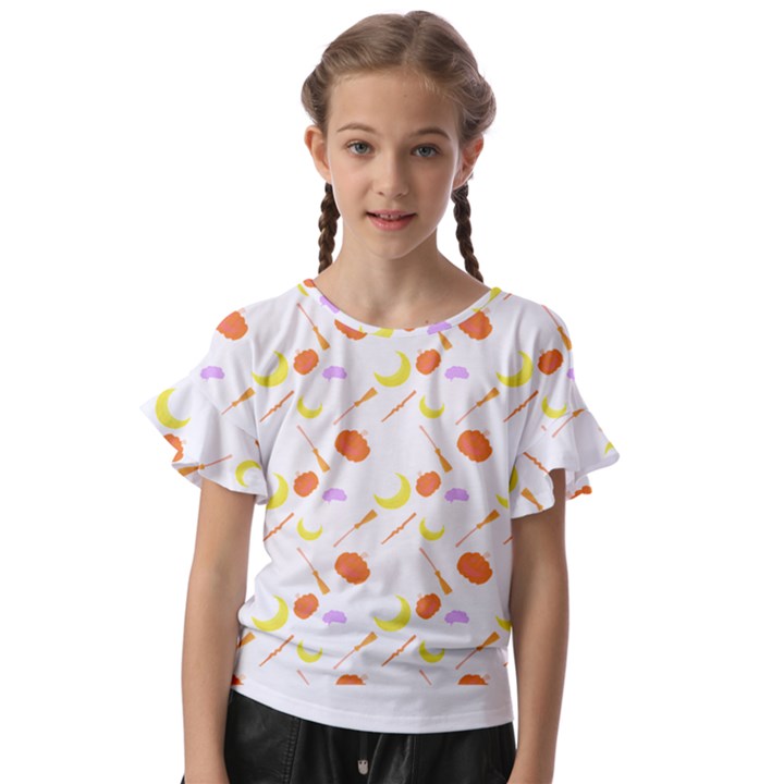 Pattern Design T- Shirt Halloween With Witch Stuffs T- Shirt Kids  Cut Out Flutter Sleeves