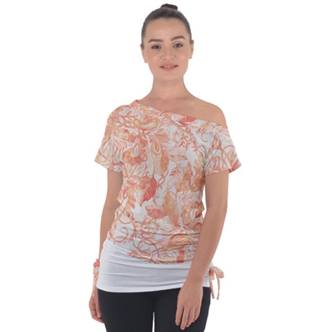 Pattern T- Shirt Autumn Peach Art Nouveau Pattern T- Shirt Off Shoulder Tie-up Tee by maxcute