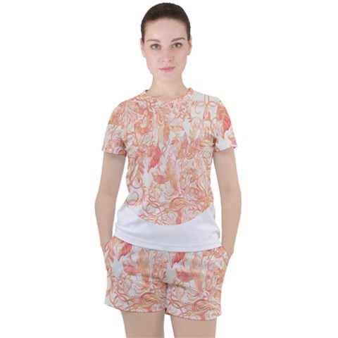 Pattern T- Shirt Autumn Peach Art Nouveau Pattern T- Shirt Women s Tee And Shorts Set by maxcute