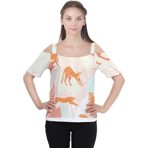 Pattern T- Shirt Hand Drawn Exotic Big Cat Cheetahs, Stretching, Running, Sitting And Walking On Abs Cutout Shoulder Tee by maxcute