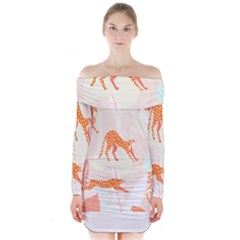 Pattern T- Shirt Hand Drawn Exotic Big Cat Cheetahs, Stretching, Running, Sitting And Walking On Abs Long Sleeve Off Shoulder Dress by maxcute