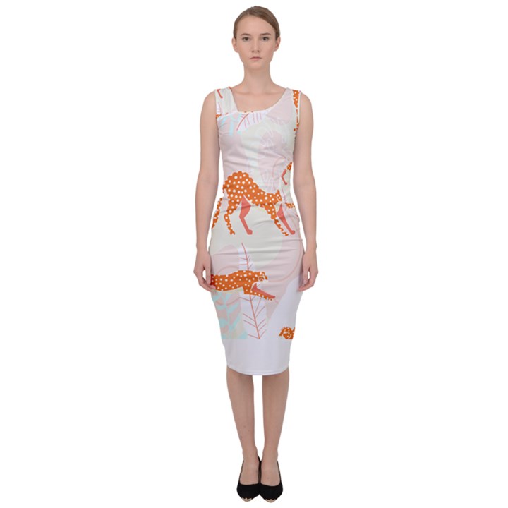 Pattern T- Shirt Hand Drawn Exotic Big Cat Cheetahs, Stretching, Running, Sitting And Walking On Abs Sleeveless Pencil Dress