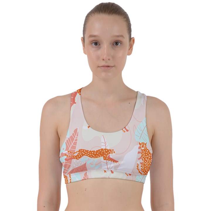 Pattern T- Shirt Hand Drawn Exotic Big Cat Cheetahs, Stretching, Running, Sitting And Walking On Abs Back Weave Sports Bra