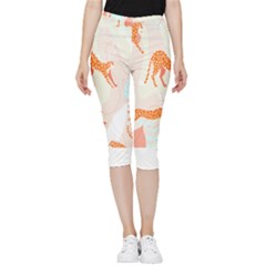 Pattern T- Shirt Hand Drawn Exotic Big Cat Cheetahs, Stretching, Running, Sitting And Walking On Abs Inside Out Lightweight Velour Capri Leggings  by maxcute