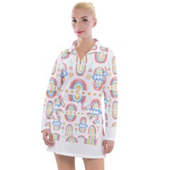 Pattern T- Shirt Rainbow No  8 - Flowers Eyes Stars Moon Sun Rain And Palm Trees Pattern T- Shirt Women s Long Sleeve Casual Dress by maxcute