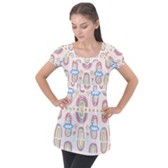 Pattern T- Shirt Rainbow No  8 - Flowers Eyes Stars Moon Sun Rain And Palm Trees Pattern T- Shirt Puff Sleeve Tunic Top by maxcute