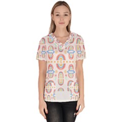 Pattern T- Shirt Rainbow No  8 - Flowers Eyes Stars Moon Sun Rain And Palm Trees Pattern T- Shirt Women s V-neck Scrub Top by maxcute