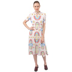 Pattern T- Shirt Rainbow No  8 - Flowers Eyes Stars Moon Sun Rain And Palm Trees Pattern T- Shirt Keyhole Neckline Chiffon Dress by maxcute