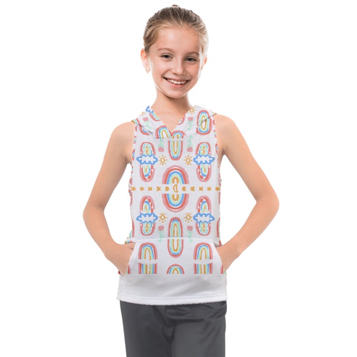 Pattern T- Shirt Rainbow No  8 - Flowers Eyes Stars Moon Sun Rain And Palm Trees Pattern T- Shirt Kids  Sleeveless Hoodie