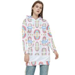 Pattern T- Shirt Rainbow No  8 - Flowers Eyes Stars Moon Sun Rain And Palm Trees Pattern T- Shirt Women s Long Oversized Pullover Hoodie by maxcute