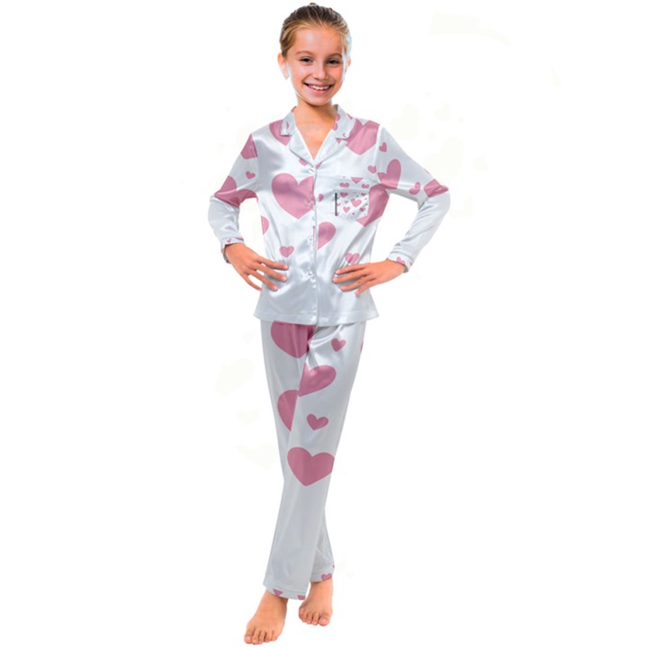 Pink Hearts Pattern T- Shirt Pink And Purple Heart Pattern T- Shirt Kid s Satin Long Sleeve Pajamas Set