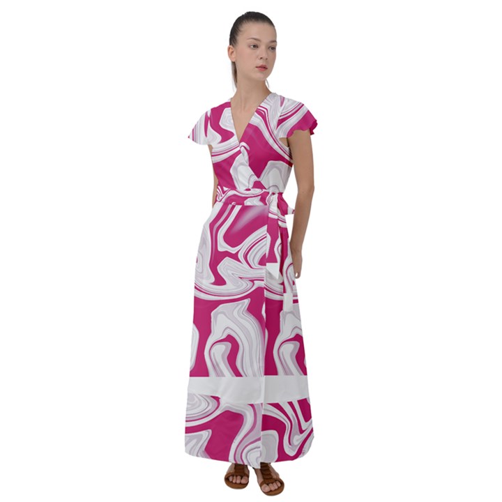 Pink Marble T- Shirt Pink Red Elegante Liquid Marble Fluid Art Design Style  T- Shirt Flutter Sleeve Maxi Dress