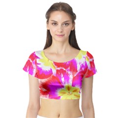 Pink T- Shirt Pink, Red Flowers Short Sleeve Crop Top