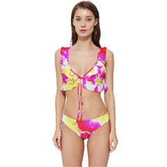 Pink T- Shirt Pink, Red Flowers Low Cut Ruffle Edge Bikini Set