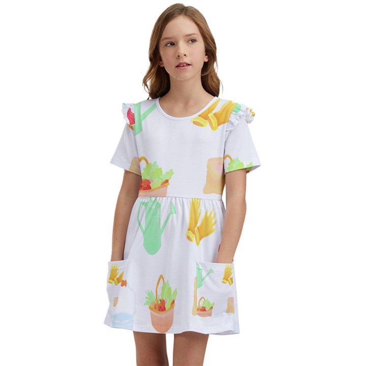 Plants T- Shirt Gardening Pattern Garden Tools Plants Lover T- Shirt Kids  Frilly Sleeves Pocket Dress