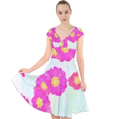 Primrose T- Shirt Pink Primula Primrose Flower Design T- Shirt Cap Sleeve Front Wrap Midi Dress by maxcute