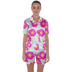 Primrose T- Shirt Pink Primula Primrose Flower Design T- Shirt Satin Short Sleeve Pajamas Set by maxcute