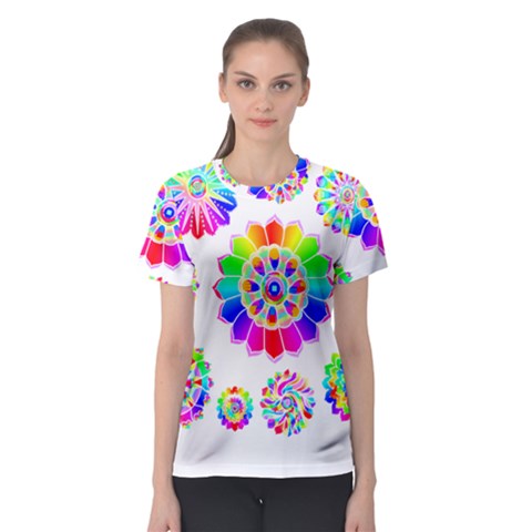 Rainbow Flowers T- Shirt Rainbow Psychedelic Floral Power Pattern T- Shirt Women s Sport Mesh Tee by maxcute