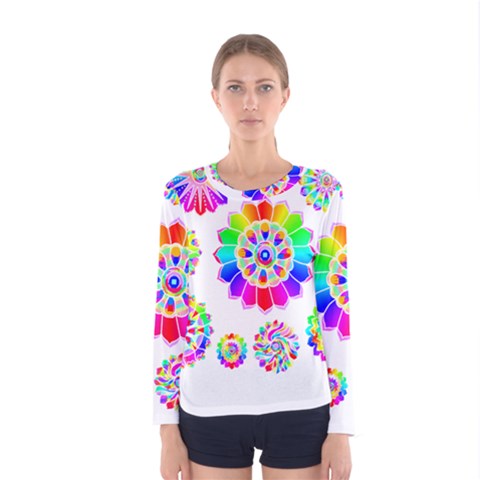 Rainbow Flowers T- Shirt Rainbow Psychedelic Floral Power Pattern T- Shirt Women s Long Sleeve Tee by maxcute