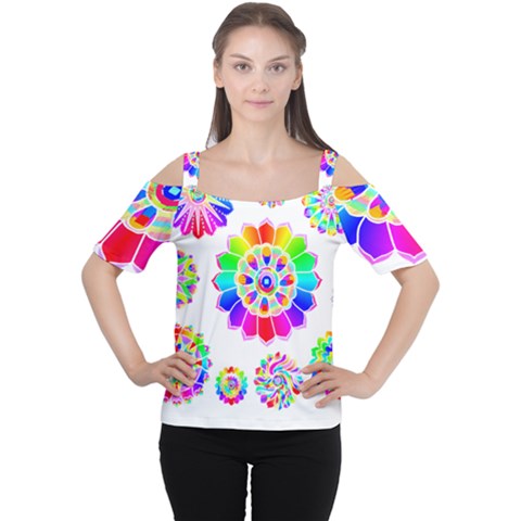 Rainbow Flowers T- Shirt Rainbow Psychedelic Floral Power Pattern T- Shirt Cutout Shoulder Tee by maxcute