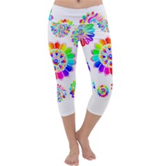 Rainbow Flowers T- Shirt Rainbow Psychedelic Floral Power Pattern T- Shirt Capri Yoga Leggings by maxcute