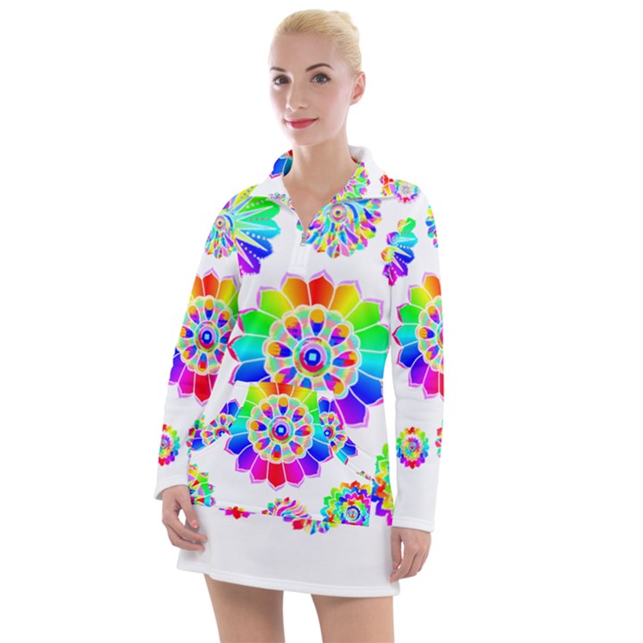 Rainbow Flowers T- Shirt Rainbow Psychedelic Floral Power Pattern T- Shirt Women s Long Sleeve Casual Dress