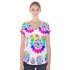 Rainbow Flowers T- Shirt Rainbow Psychedelic Floral Power Pattern T- Shirt Short Sleeve Front Detail Top by maxcute