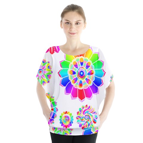 Rainbow Flowers T- Shirt Rainbow Psychedelic Floral Power Pattern T- Shirt Batwing Chiffon Blouse by maxcute