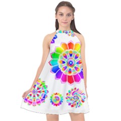 Rainbow Flowers T- Shirt Rainbow Psychedelic Floral Power Pattern T- Shirt Halter Neckline Chiffon Dress  by maxcute