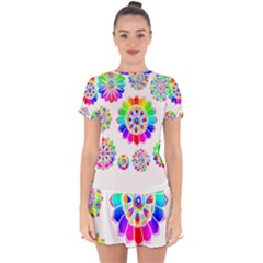 Rainbow Flowers T- Shirt Rainbow Psychedelic Floral Power Pattern T- Shirt Drop Hem Mini Chiffon Dress by maxcute