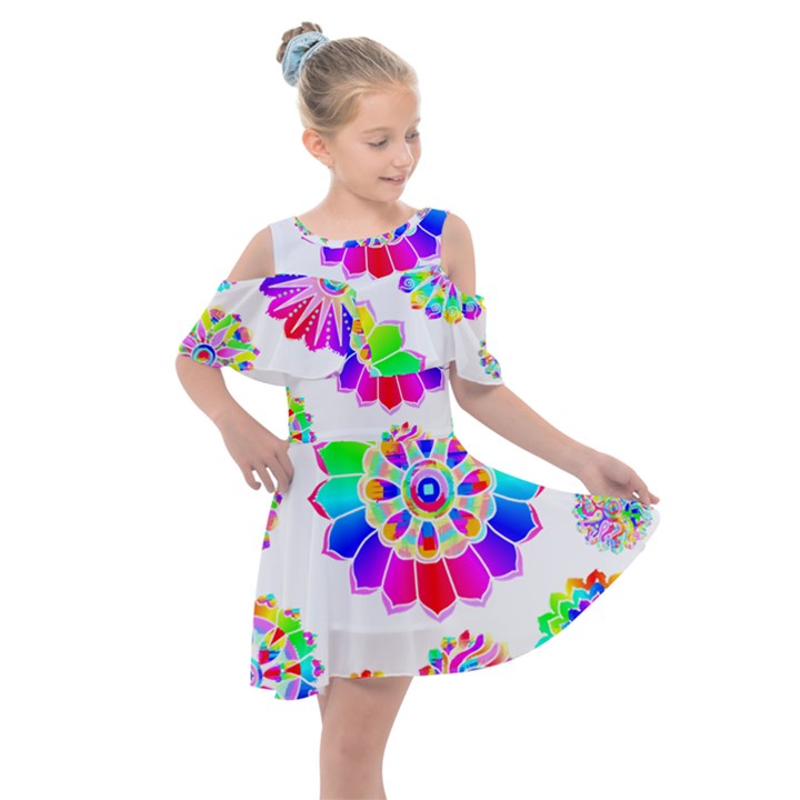 Rainbow Flowers T- Shirt Rainbow Psychedelic Floral Power Pattern T- Shirt Kids  Shoulder Cutout Chiffon Dress