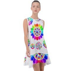 Rainbow Flowers T- Shirt Rainbow Psychedelic Floral Power Pattern T- Shirt Frill Swing Dress by maxcute