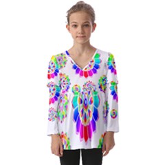 Rainbow Flowers T- Shirt Rainbow Psychedelic Floral Power Pattern T- Shirt Kids  V Neck Casual Top