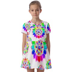 Rainbow Flowers T- Shirt Rainbow Psychedelic Floral Power Pattern T- Shirt Kids  Short Sleeve Pinafore Style Dress