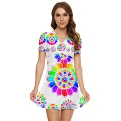 Rainbow Flowers T- Shirt Rainbow Psychedelic Floral Power Pattern T- Shirt V-neck High Waist Chiffon Mini Dress