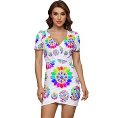 Rainbow Flowers T- Shirt Rainbow Psychedelic Floral Power Pattern T- Shirt Low Cut Cap Sleeve Mini Dress